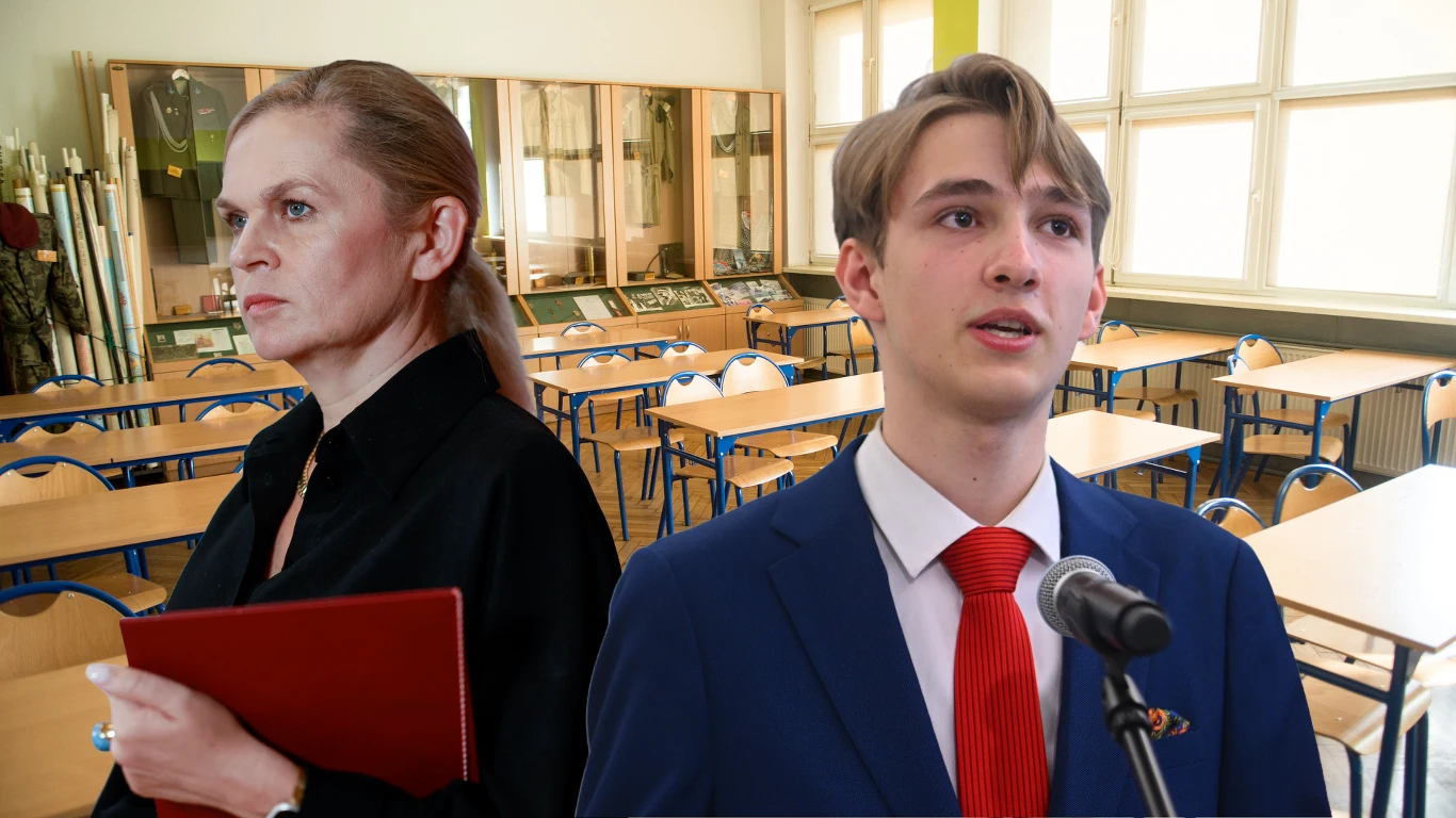 Akcja Uczniowska oczekuje dymisji Barbary Nowackiej (od lewej do prawej: Barbara Nowacka, Paweł Mrozek) Młody mężczyzna w garniturze i czerwonym krawacie stoi przy mikrofonie, obok niego starsza kobieta trzymająca czerwony skoroszyt, a w tle widoczna jest pusta sala lekcyjna z pojedynczymi stolikami i krzesłami.