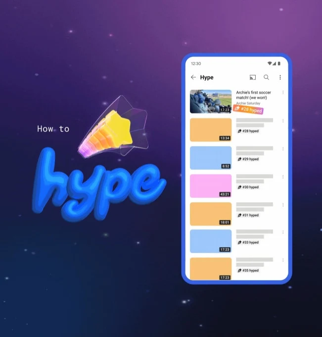 Kolorowy motyw z napisem 'How to hype', po lewej stronie graficzny symbol gwiazdy, po prawej nowoczesny smartfon z otwartą aplikacją prezentującą listę multimediów lub wydarzeń oraz kolorowe oznaczenia i miniaturki.