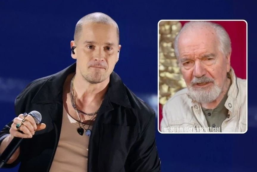 Zalewski pokazał ojca na Instagramie Młody mężczyzna trzymający mikrofon na scenie, ubrany w czarną kurtkę i beżowy podkoszulek, z widocznym łańcuszkiem na szyi; w prawym górnym rogu prostokątne wstawienie z wizerunkiem starszego mężczyzny z siwą brodą i włosami, ubranym w jasną marynarkę.