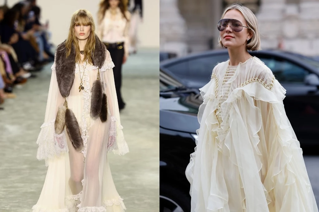 Pokaz mody Chloé. Ph: Claudio Lavenia, Marc Piasecki Dwie kobiety ubrane w modne, jasne i zwiewne suknie w stylu boho, pierwsza z futrzanym szalem i naszyjnikiem na wybiegu, druga w okularach przeciwsłonecznych na tle miasta.