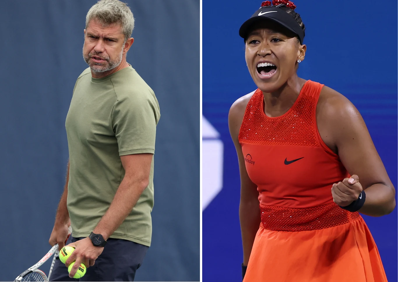 Tomasz Wiktorowski i Naomi Osaka Mężczyzna trzymający rakiety i piłki tenisowe w sportowym stroju obok kobiety w pomarańczowej sukience na korcie tenisowym, która energicznie wyraża emocje.