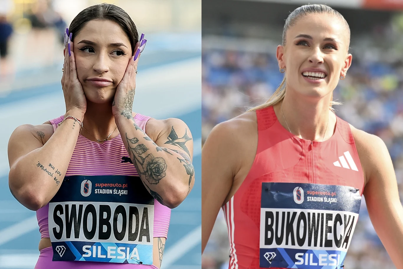 Ewa Swoboda i Natalia Bukowiecka Dwie lekkoatletki na stadionie, po lewej stronie kobieta w różowym stroju trzyma ręce przy twarzy z wyrazem skupienia lub zdziwienia, po prawej stronie uśmiechnięta kobieta w czerwonym stroju, obie mają na piersiach plakietki z nazwiskami i nazwą wydar...