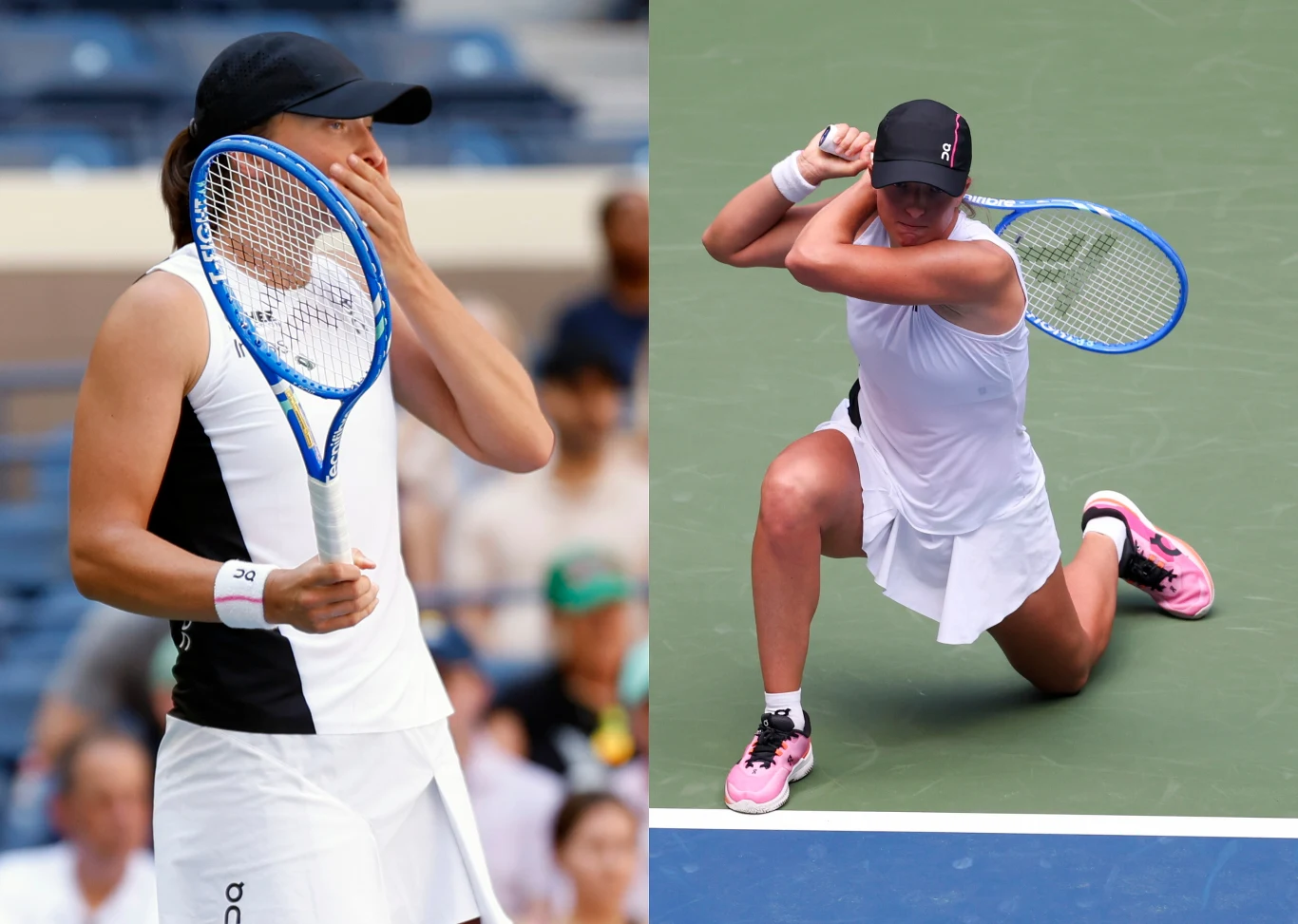 Dwie sceny z kortu tenisowego, po lewej stronie zawodniczka w białej sukience z czarnymi akcentami i czapką zasłania usta dłonią, trzymając rakietę, po prawej tej samej tenisistka podczas dynamicznego uderzenia, ugięta przy ziemi, wyrażająca intensywną...