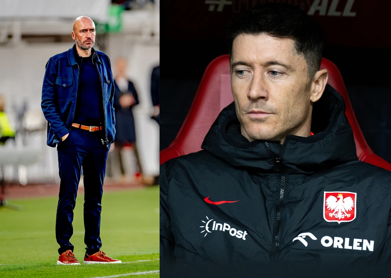 Na zdjęciu selekcjoner reprezentacji Finlandii Jacob Friis oraz kapitan reprezentacji Polski Robert Lewandowski Trener stojący na boisku piłkarskim w granatowym stroju oraz piłkarz w czarnej kurtce z godłem Polski i logotypami sponsorów, siedzący na stadionowej ławce.