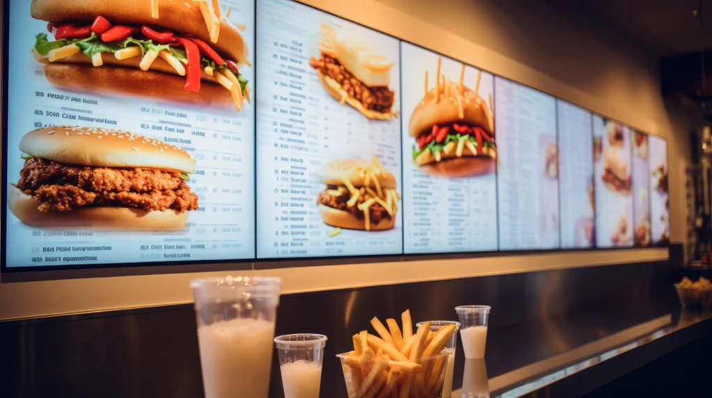 Sieć restauracji zmienia politykę wykorzystania AI Menu fast food z dużymi zdjęciami kanapek, frytek oraz napojów, ustawionymi obok siebie przy jasnym, nowoczesnym barze.