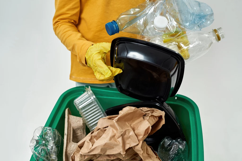 Czy myć śmieci plastikowe przed wyrzuceniem? Wcale nie trzeba tego robić Osoba w żółtej bluzie i rękawiczkach segreguje plastikowe butelki, papier i opakowania do zielonego pojemnika na śmieci.