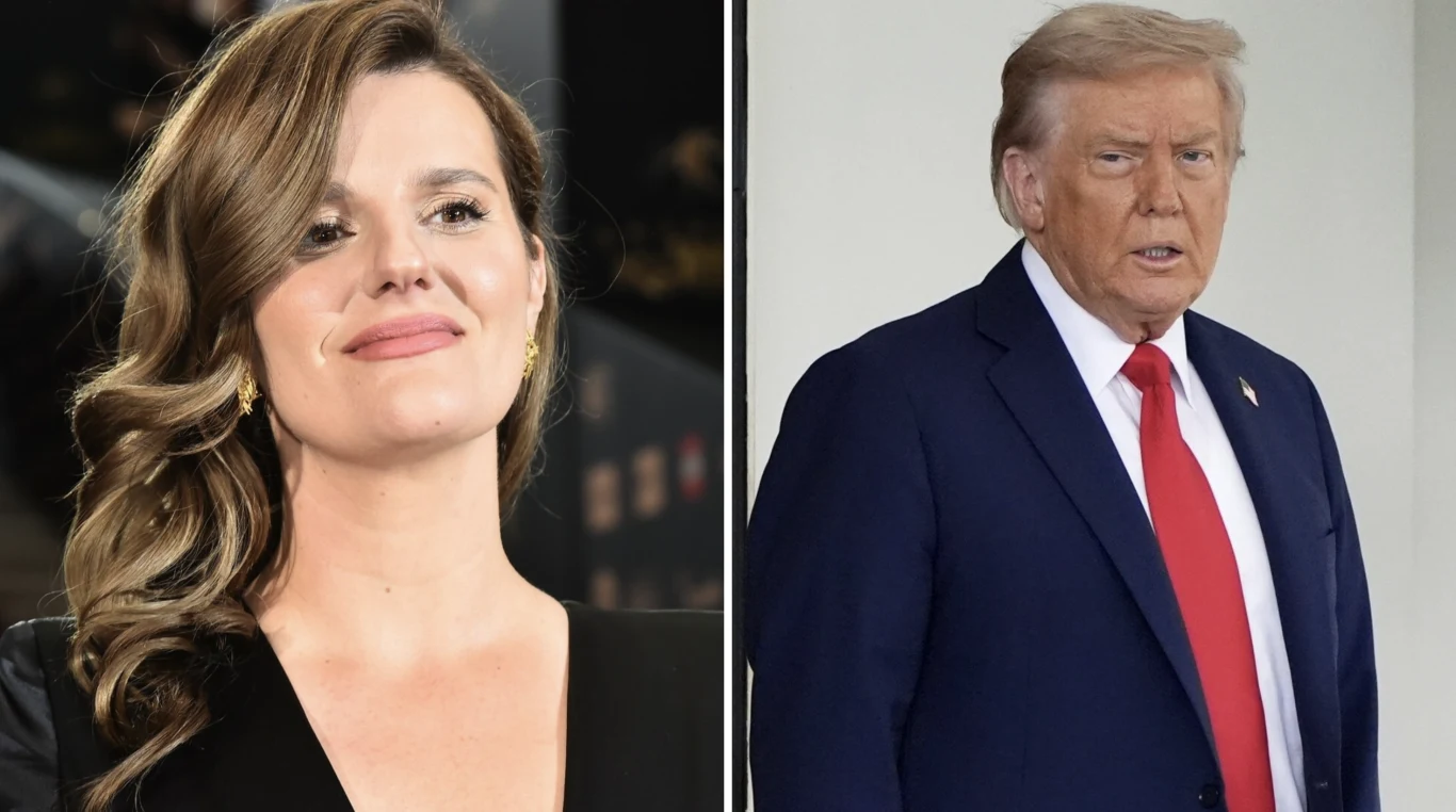 Zofia Zborowska zażartowała z Donalda Trumpa Po lewej stronie kobieta o długich, falowanych włosach uśmiecha się, ubrana w czarną suknię z głębokim dekoltem, po prawej mężczyzna w garniturze, białej koszuli i czerwonym krawacie, na neutralnym tle.