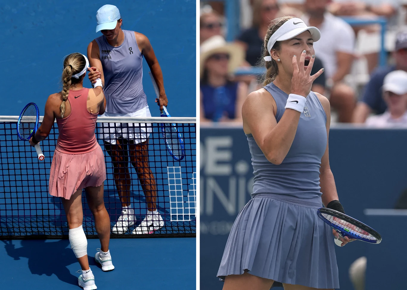 Anna Kalinska czeka na mecz z Igą Świątek Dwie tenisistki podają sobie ręce przy siatce po zakończonym meczu, obok inna zawodniczka w niebieskiej sukience reaguje emocjonalnie na korcie, trzymając rakietę tenisową