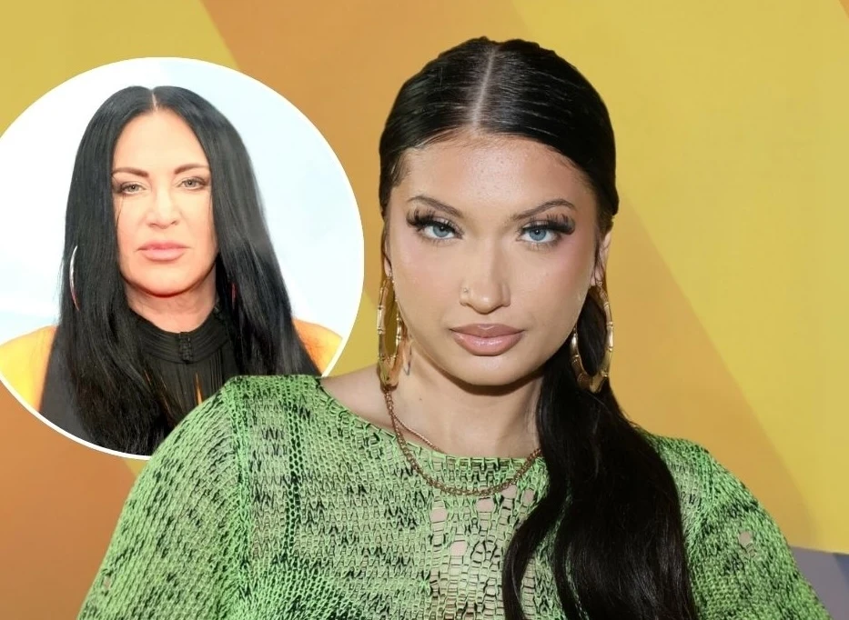 Viki Gabor odniosła się do słów Kayah Kobieta z długimi ciemnymi włosami i wyrazistym makijażem ubrana w zielony sweter, w tle okrągłe wstawienie z wizerunkiem innej kobiety również z długimi ciemnymi włosami na abstrakcyjnym żółto-pomarańczowym tle.