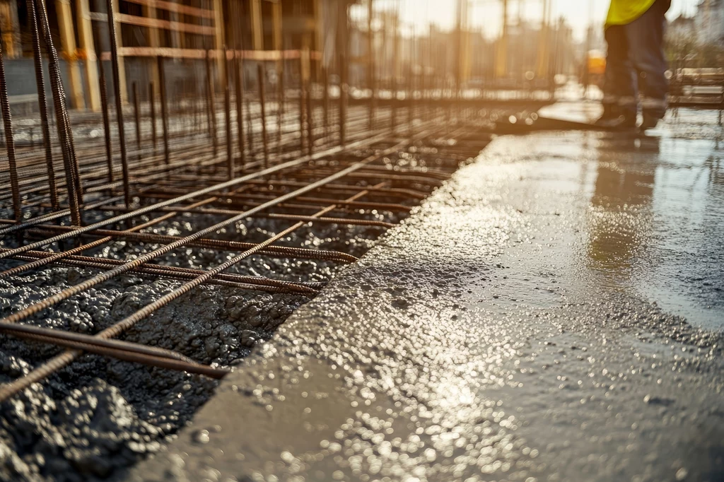 Cement co do zasady nagrzewa się w ciepłe dni i wychładza w te wietrzne i zimne. A gdyby tak odwrócić te właściwości? Podkład zbrojeniowy do zalania betonem na budowie, świeżo wylany beton otaczający stalowe pręty zbrojeniowe, w tle rozmazana sylwetka osoby pracującej.