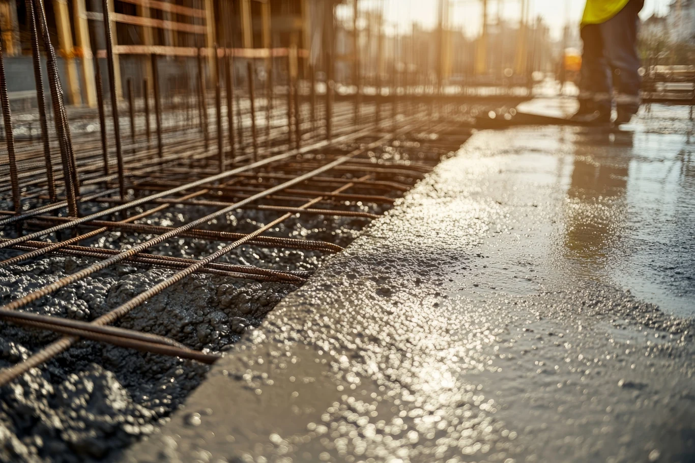 Podkład zbrojeniowy do zalania betonem na budowie, świeżo wylany beton otaczający stalowe pręty zbrojeniowe, w tle rozmazana sylwetka osoby pracującej.