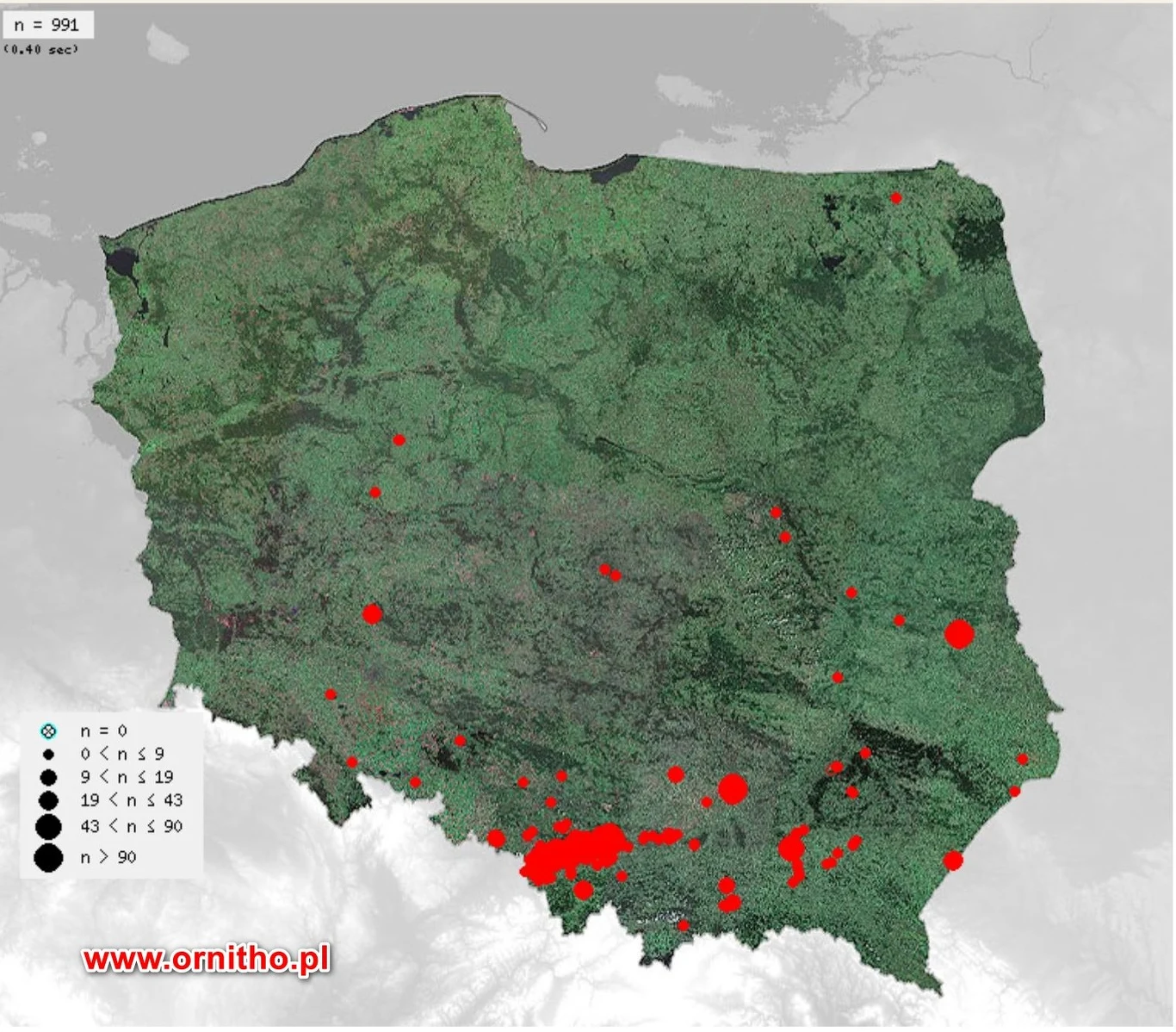 Mapa Polski z naniesionymi czerwonymi kropkami o różnej wielkości, wskazującymi lokalizacje i intensywność występowania określonego zjawiska terenowego, najwięcej znaczników widocznych jest na południu kraju.