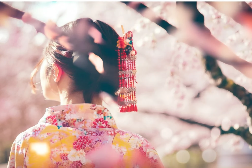Horoskop chiński ujawnia tajemnice miłości Kobieta w tradycyjnym japońskim kimono z ozdobną spinką do włosów, stojąca wśród kwitnących gałęzi wiśni, przeważają pastelowe różowe barwy sakury.