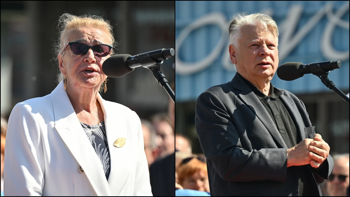 Henryka Krzywonos i Bogdan Borusewicz apelowali na obchodach w Gdańsku Dwie osoby w średnim wieku przemawiają do mikrofonów na otwartym powietrzu, kobieta w białym żakiecie i mężczyzna w ciemnej marynarce, w tle widoczny tłum i rozmazane elementy architektury.