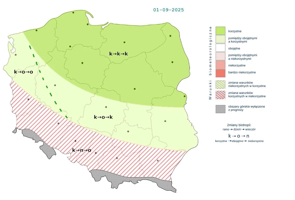 W poniedziałek w większości Polski panować będą korzystne warunki Mapa biometeorologiczna Polski pokazująca warunki korzystne, obojętne i niekorzystne w różnych regionach kraju z podziałem na strefy oznaczone różnymi kolorami oraz skrótami literowymi, z legendą opisującą poszczególne statusy biometeorologiczne.