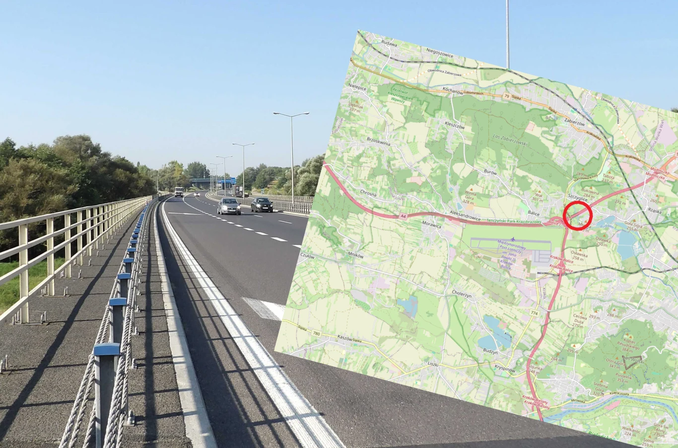Na moście w Rudawie drogowcy rozpoczęli wymianę dylatacji, a ruch w obu kierunkach jest ograniczony do jednego pasa. Do kiedy potrwają utrudnienia? Asfaltowa droga szybkiego ruchu z barierkami ochronnymi i samochodami jadącymi w obu kierunkach, po prawej stronie nałożona mapa okolicy z zaznaczonym okręgiem, sugerującym konkretne miejsce na trasie.