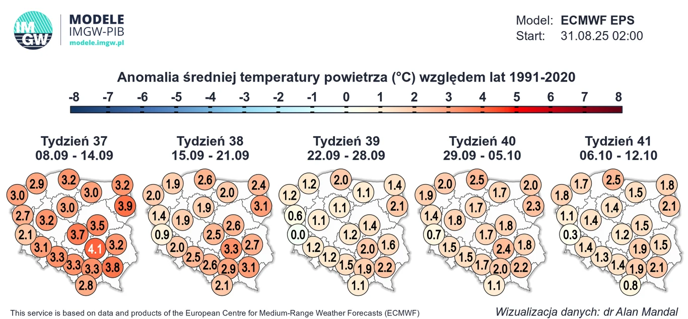 Mapa Polski podzielona na województwa z naniesionymi prognozami anomalii średniej temperatury powietrza na kolejne tygodnie w porównaniu do lat 1991-2020, oznakowana kolorami i liczbami przedstawiającymi odchylenia temperatury od normy.