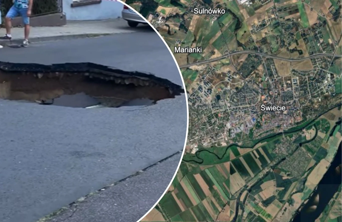 W Świeciu zapadła się droga. W jezdni powstała ogromna dziura Duża wyrwa w asfalcie na miejskiej ulicy, obok której stoi osoba; po prawej stronie widok z lotu ptaka na mapę miasta Świecie i okolicznych terenów.