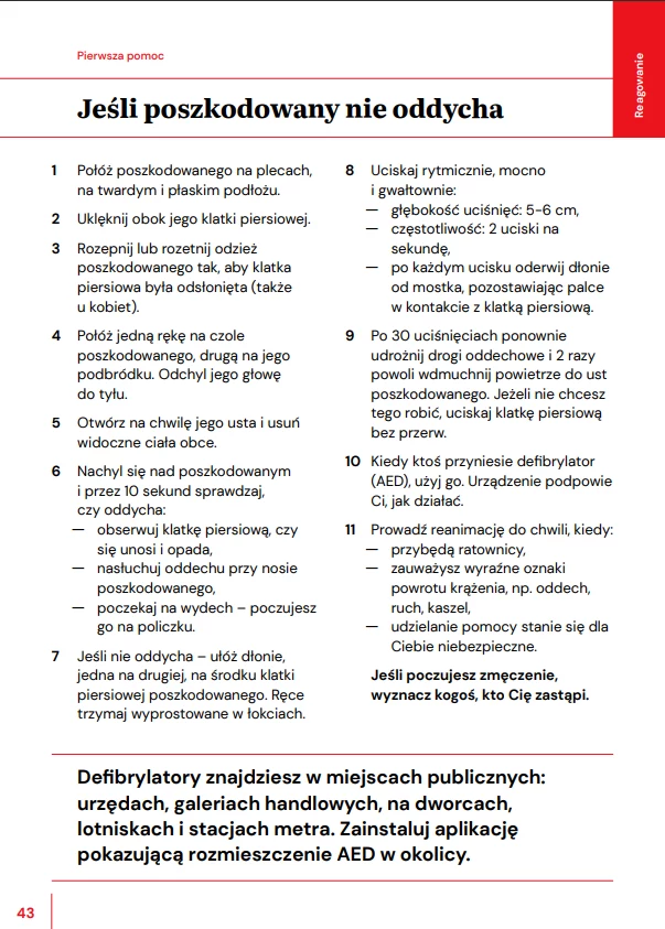 Rządowy poradnik bezpieczeństwa. Pierwsza pomoc Szczegółowa instrukcja postępowania, gdy poszkodowany nie oddycha, w tym zasady resuscytacji krążeniowo-oddechowej i wykorzystania AED. Lista punktów opisuje kolejność czynności, od sprawdzenia oddechu po masaż serca i wezwanie pomocy.