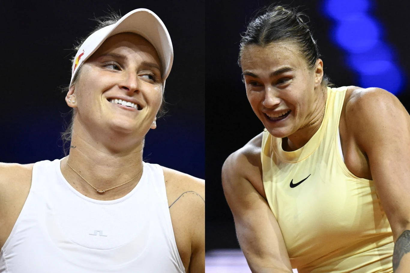 Marketa Vondrousova i Aryna Sabalenka podczas WTA Stuttgart 2024, teraz zagrają o półfinał US Open Dwie kobiety ubrane w sportowe stroje podczas gry w tenisa, jedna z nich uśmiecha się, druga wykonuje intensywny ruch, widoczne emocje i zacięta rywalizacja.