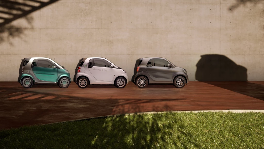 Trzy generacje Smarta Fortwo Trzy małe samochody miejskie stojące w szeregu przy betonowej ścianie, rzucające nietypowy cień w kształcie dużego SUV-a na mur, na pierwszym planie widoczny trawnik.