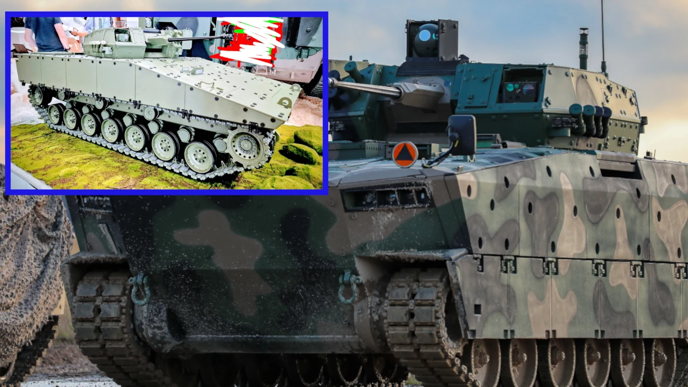 Ratel oficjalnie zaprezentowany. Ten polski projekt wozu bojowego ma stanowić uzupełnienie dla BWP Borsuk Dwa pojazdy opancerzone na gąsienicach, jeden z kamuflażem w tle plenerowym, drugi model pojazdu prezentowany w ramce z niebieską obwódką, ustawiony na sztucznej trawie.