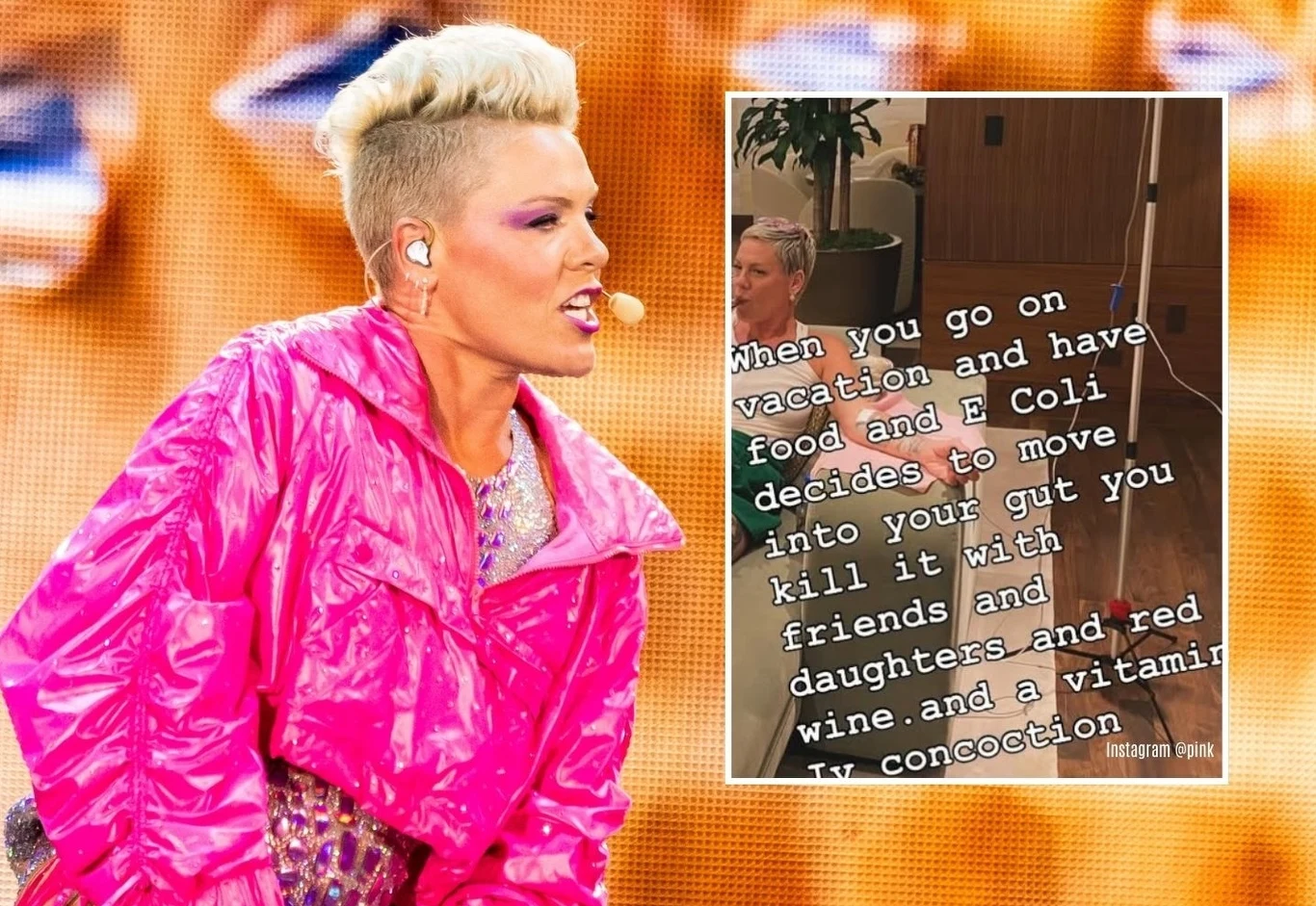 Pink podzieliła się swoim doświadczeniem na Instagramie Kobieta z jasnymi włosami i irokezem ubrana w różową kurtkę śpiewa na scenie, z mikrofonem przy ustach. W rogu znajduje się wstawione zdjęcie z tekstem po angielsku oraz widoczna kobieta w tle i stojak do kroplówek.