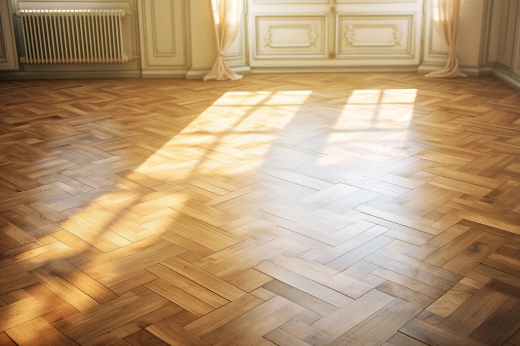 Parkiety od wieków zdobią wnętrza Drewniana podłoga ułożona w jodełkę, na którą padają promienie słońca przez duże okno z zasłonami, fragment klasycznego grzejnika i ozdobne listwy przyścienne.