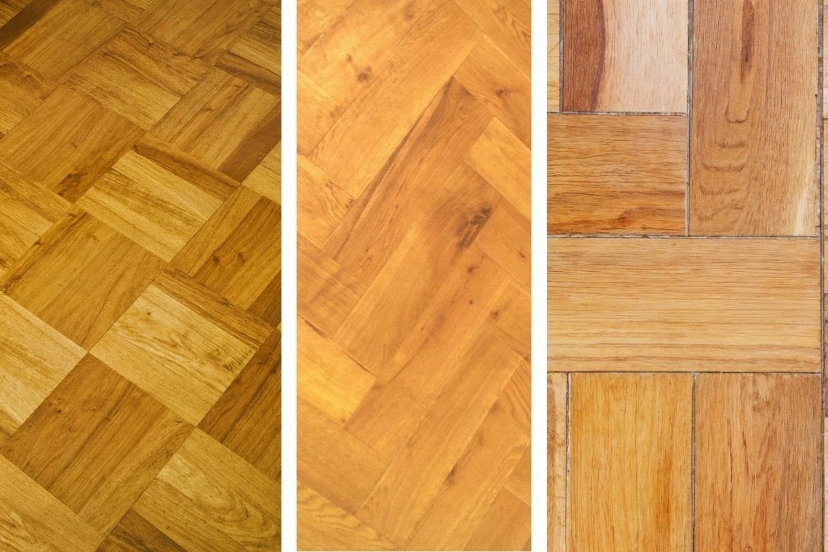 Trzy różne wzory parkietów drewnianych ułożone w pionowych panelach, każdy o odmiennym układzie desek i odcieniu drewna.