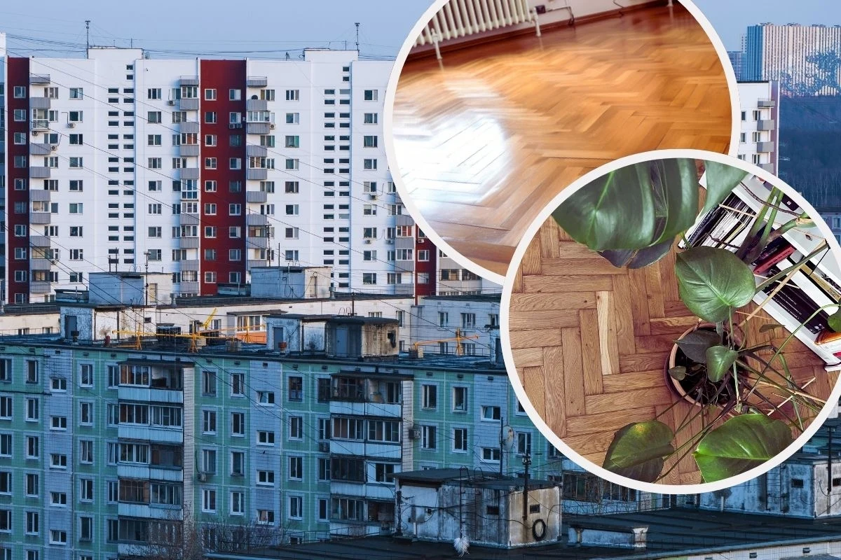 Widok bloków mieszkalnych z zewnątrz w tle oraz dwa okrągłe wycinki pokazujące drewniany parkiet i roślinę domową z doniczką na tym samym parkiecie.