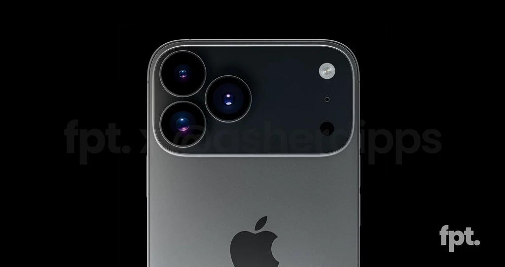 iPhone 17 Pro otrzyma przeprojektowany aparat fotograficzny. Nowoczesny smartfon o ciemnej obudowie z trzema dużymi obiektywami aparatu i lampą błyskową umieszczonymi w lewym górnym rogu tyłu urządzenia, charakterystyczne logo producenta znajduje się pośrodku dolnej części obudowy.