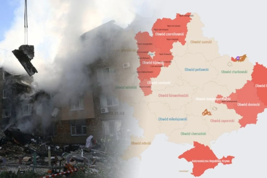 Rosjanie atakują Shahedami także w ciągu dnia. Ekspert wojskowy wskazał, jakie mają w tym cele Ruiny zniszczonego budynku wśród dymu i gruzów oraz mapa Ukrainy z zaznaczonymi obwodami objętymi działaniami wojennymi.