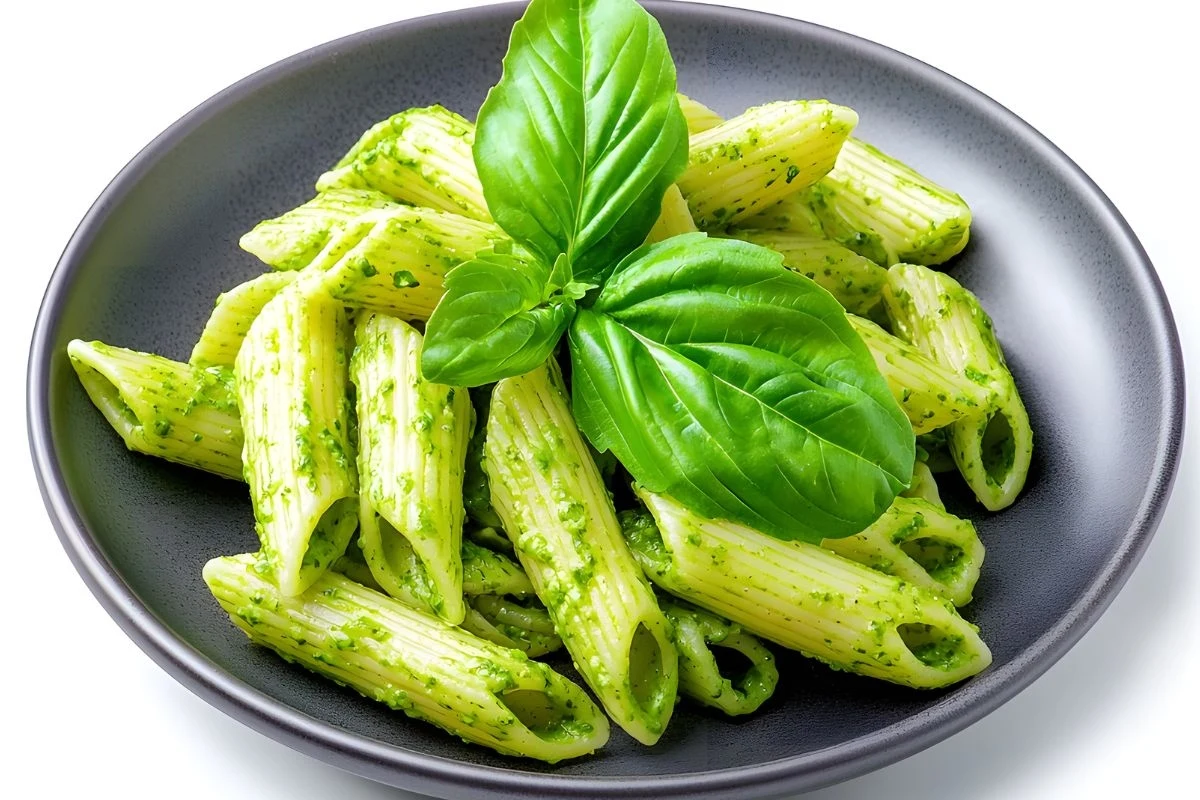 Makaron penne pokryty zielonym sosem pesto, udekorowany świeżymi liśćmi bazylii na czarnym talerzu, utrzymany w jasnej, apetycznej kolorystyce.