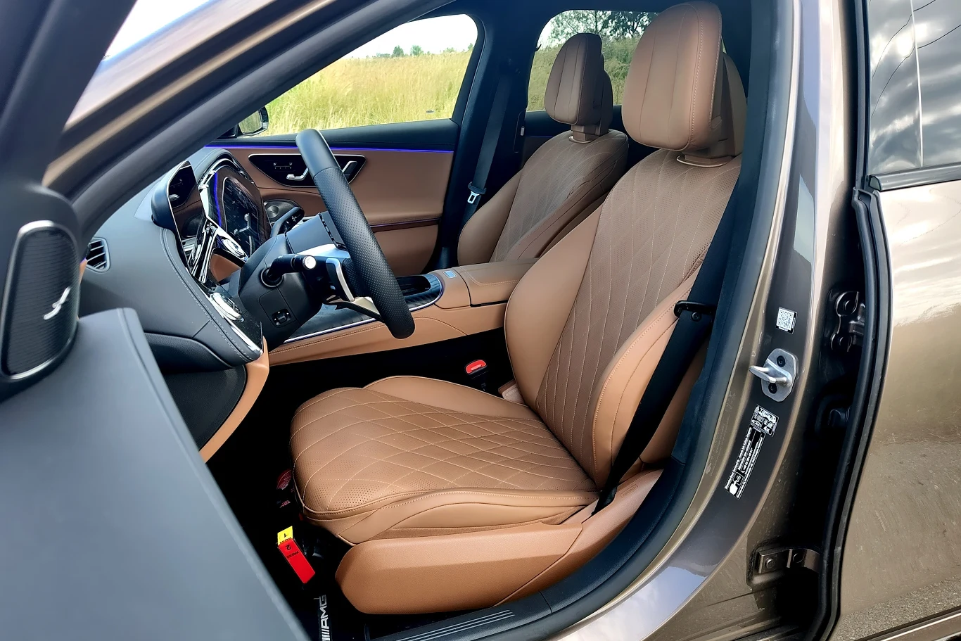 Wnętrze nowoczesnego samochodu z widocznymi przednimi siedzeniami z brązowej skóry, kierownicą oraz fragmentami deski rozdzielczej, auto stoi na zewnątrz na tle zielonego krajobrazu.