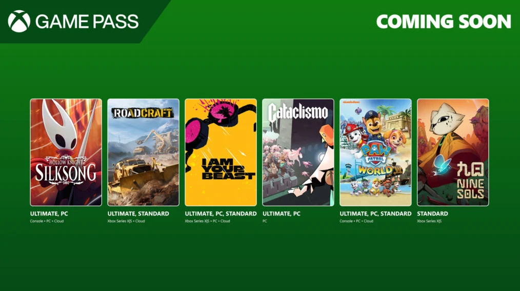Game Pass we wrześniu to nie lada gratka Promocja nowych gier dostępnych w ofercie Game Pass, na zielonym tle widoczne są okładki sześciu gier: Silksong, Roadcraft, I Am Your Beast, Cataclismo, LEGO World oraz Nine Sols, każda z informacją o dostępności na określonych platformach.