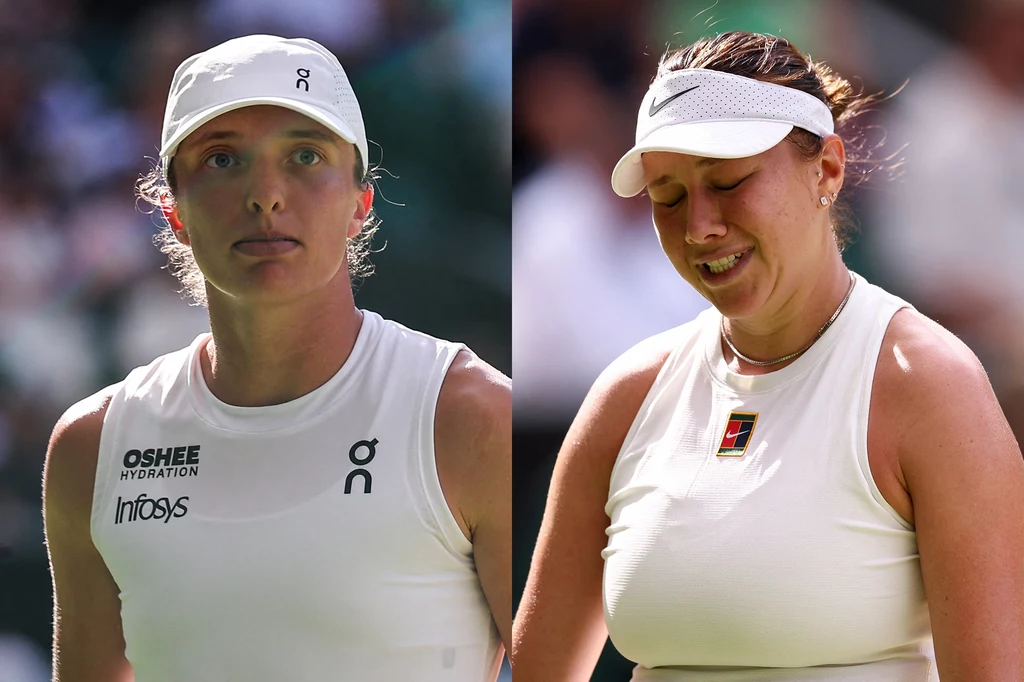 Iga Świątek i Amanda Anisimova podczas finału Wimbledonu, teraz zagrają ze sobą na US Open Dwie kobiety w sportowych strojach tenisowych, każda ze sportową czapką, stojące po przeciwnych stronach zdjęcia, jedna z nich z neutralnym wyrazem twarzy, druga z zamkniętymi oczami i lekko skrzywioną miną.