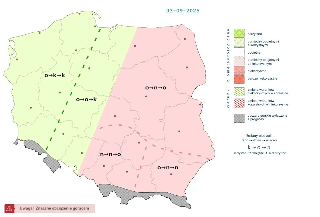 Kolorowa mapa Polski z podziałem na dwie strefy, zachodnią oznaczoną kolorem zielonym jako korzystną biometeorologicznie oraz wschodnią różową z ostrzeżeniem o znacznym obciążeniu gorącem. Legenda po prawej stronie wyjaśnia oznaczenia biometeorologiczn...