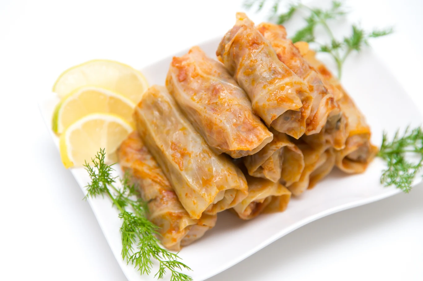 Sarma Zrolowane gołąbki ułożone w piramidę na białym talerzu, udekorowane świeżymi gałązkami koperku i plasterkami cytryny.