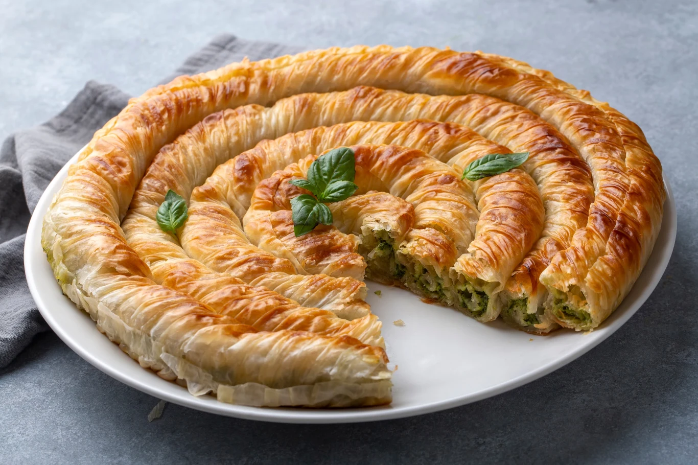 Burek ze szpinakiem Zawinięte w spiralę ciasto filo z nadzieniem warzywnym, podane na białym talerzu i ozdobione świeżymi listkami bazylii, leżące na szarej serwetce.