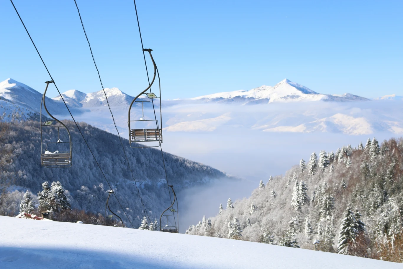 Brezovica - ośrodek narciarski w Kosowie Wyciąg krzesełkowy nad ośnieżonym zboczem górskim, w tle las pokryty śniegiem i pasmo gór z wysokimi szczytami pod błękitnym niebem.