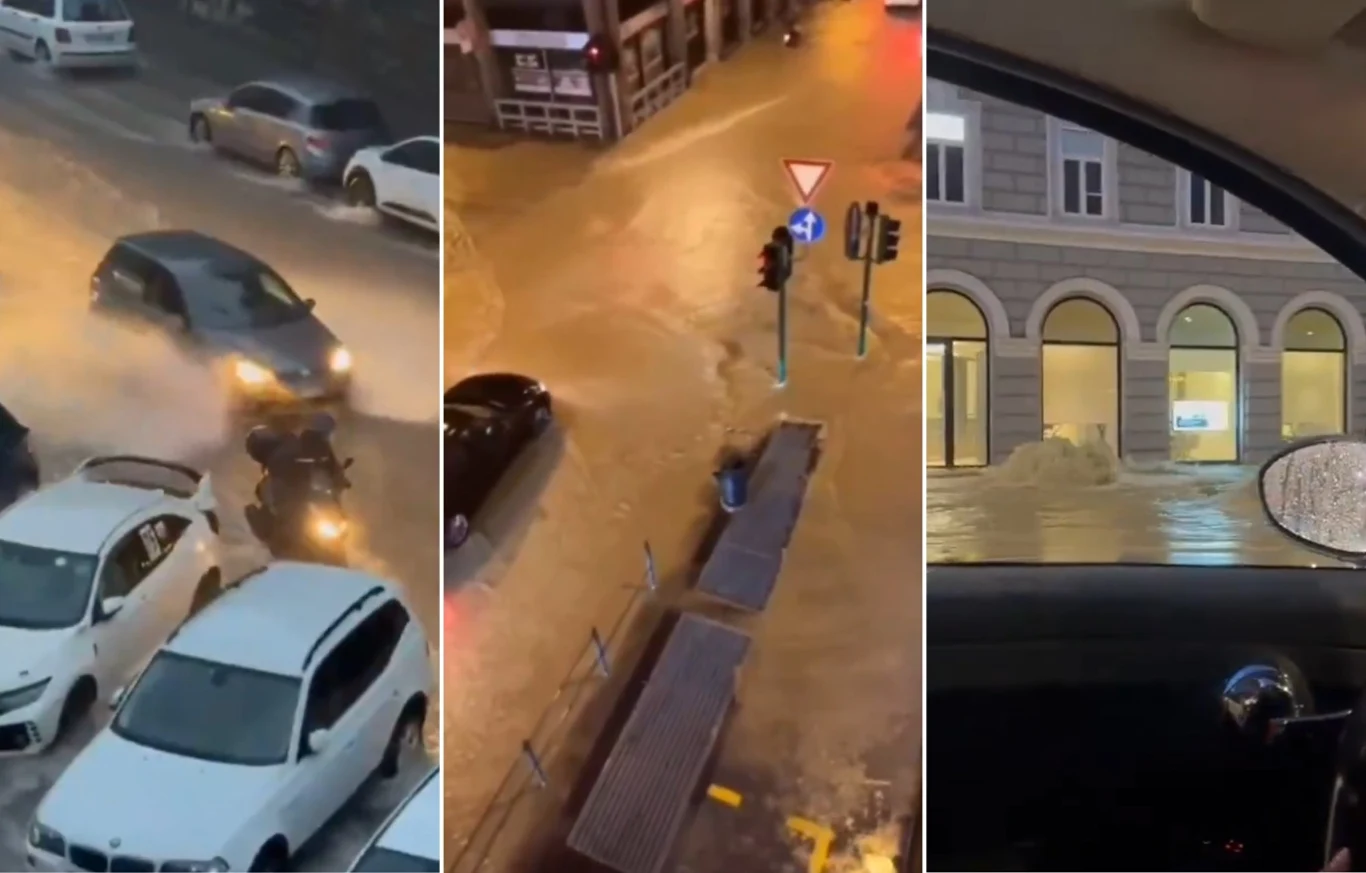 Skutki przejścia potężnej burzy z ulewami przez Triest we wtorek wieczorem. Strażacy wyjeżdżali do ponad 150 interwencji Ulice miasta zalane wodą, samochody stojące lub poruszające się po zalanych jezdniach, woda sięga poziomu chodników oraz wejść do budynków, ruch uliczny utrudniony przez wysoką wodę.