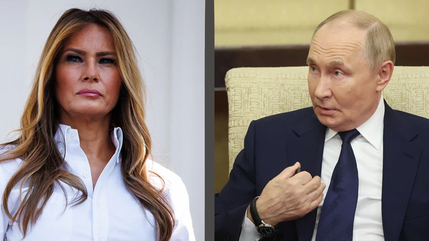 Melania Trump i Władimir Putin Po lewej stronie kobieta o długich, jasnobrązowych włosach w białej koszuli, po prawej mężczyzna w garniturze i jasnej koszuli siedzący na jasnym fotelu