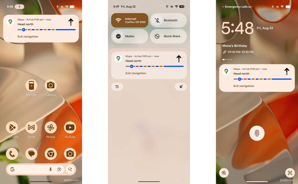 Live Updates od aplikacji Mapy Google na Androidzie 16 Zrzuty ekranu z telefonu z systemem Android pokazujące ekran główny z ikonami aplikacji, ustawienia szybkiego dostępu oraz widżet z informacjami o nawigacji Google Maps i godziną.