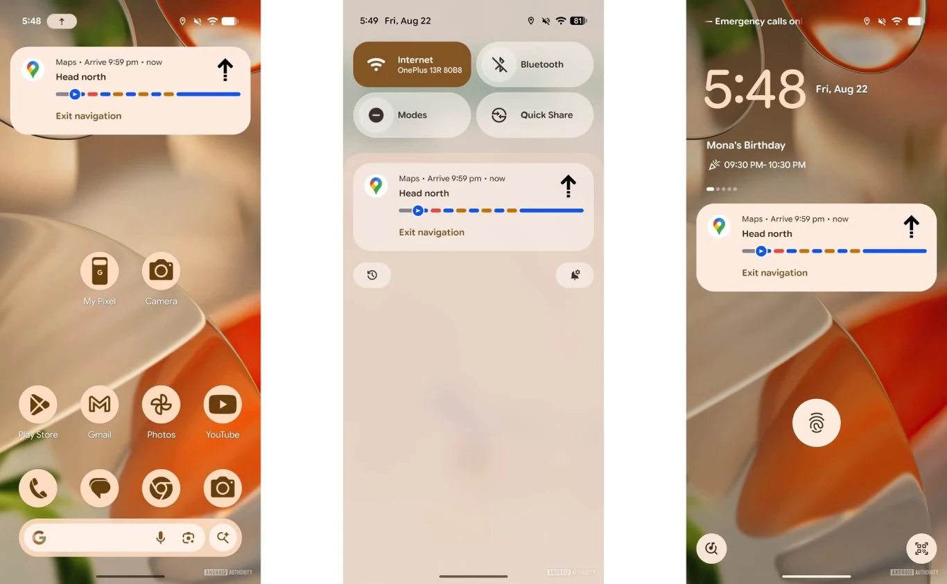 Zrzuty ekranu z telefonu z systemem Android pokazujące ekran główny z ikonami aplikacji, ustawienia szybkiego dostępu oraz widżet z informacjami o nawigacji Google Maps i godziną.