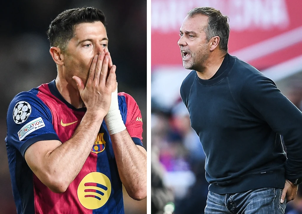 Robert Lewandowski i Hansi Flick Po lewej sportowiec w koszulce FC Barcelony z dłońmi przy ustach wyraża emocje, po prawej mężczyzna w sportowym stroju energicznie gestykuluje i wydaje polecenia. Na obu twarzach widoczne silne emocje związane z wydarzeniem sportowym.