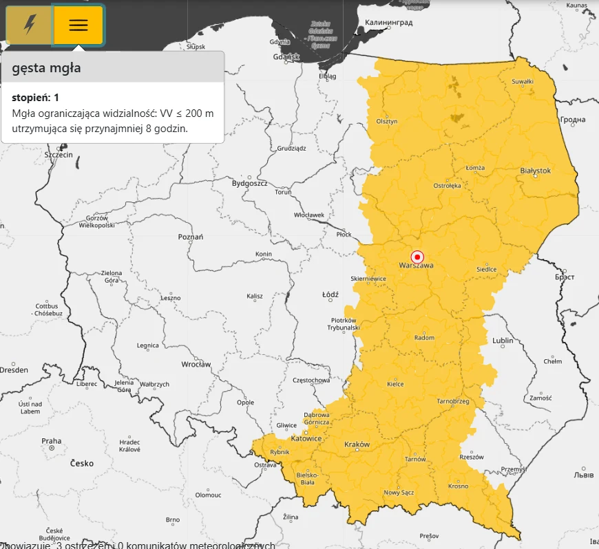 Wieczorem i w nocy gęste mgły spodziewane są w północnej połowie Polski Mapa Polski z zaznaczonym na żółto ostrzeżeniem dotyczącym gęstej mgły obejmującym dużą część kraju, z informacją o ograniczeniu widoczności poniżej 200 metrów przez minimum 8 godzin.