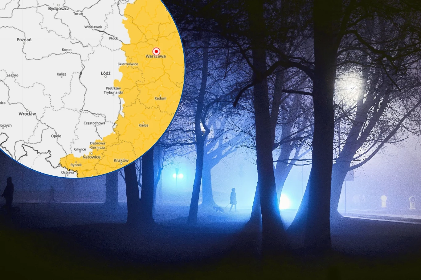 Gęste mgły od godz. 22:00 mogą spowić dużą część wschodniej Polski. IMGW wydal z tego powodu alerty pierwszego stopnia dla dziewięciu województw Silny mglisty park nocą, światła latarni filtrują przez gałęzie drzew, sylwetki ludzi ledwo widoczne w tle, w lewym górnym rogu mapa z zaznaczonym południowo-wschodnim obszarem Polski.