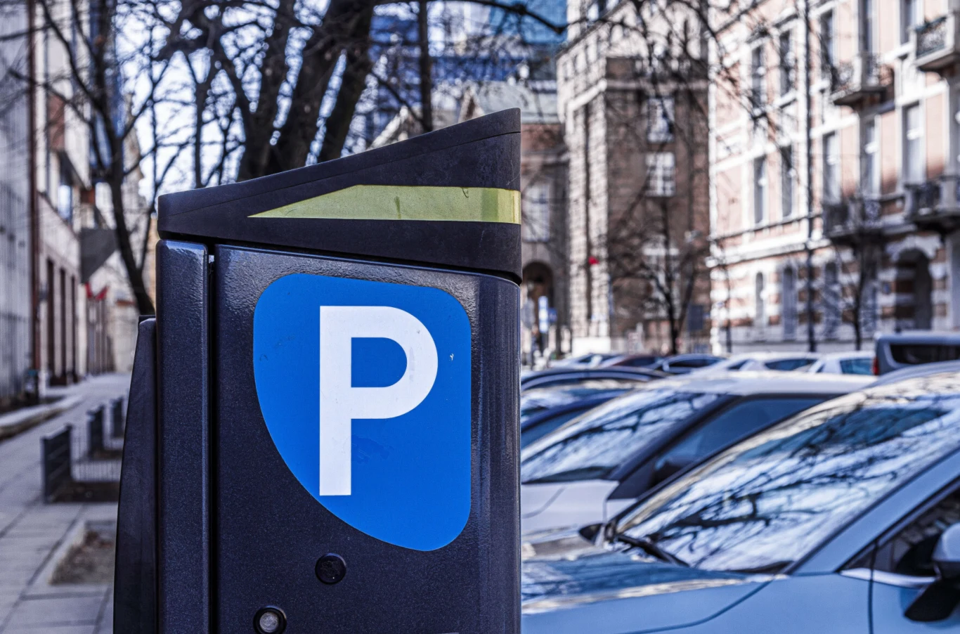 Drogi parking w Łodzi. 900 zł mandatu za pomyłkę wartą kilka złotych. Parkometr z niebieskim oznaczeniem miejsca parkingowego, w tle zaparkowane samochody i budynki miejskie, bez widocznych osób.