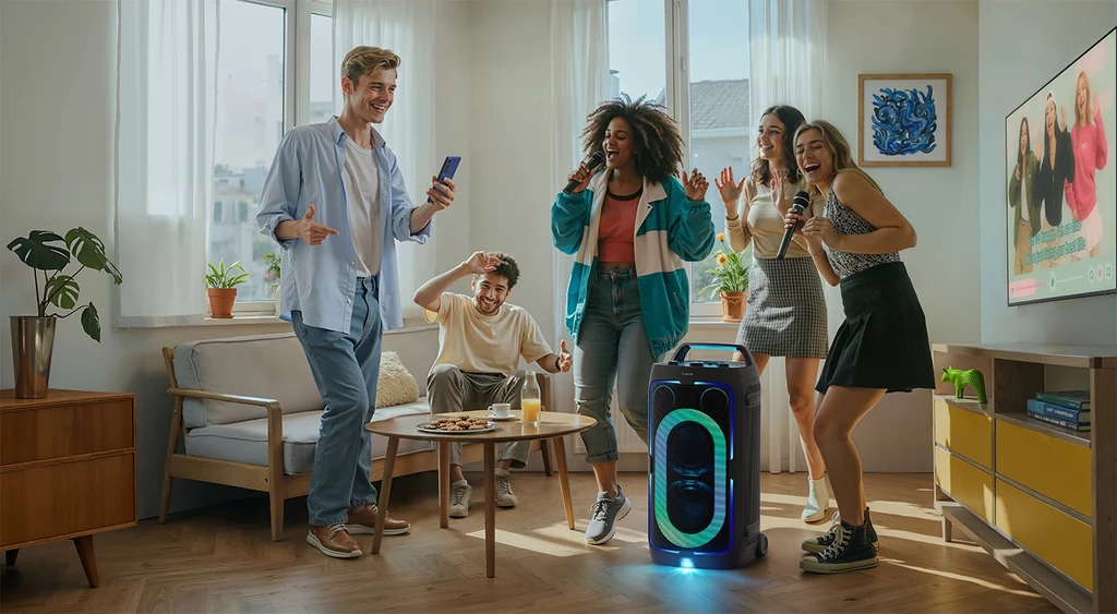 Samsung Sound Tower to nowa kolumna dźwiękowa. Grupa młodych ludzi śpiewających i tańczących podczas zabawy karaoke w jasnym salonie, z dużym głośnikiem na pierwszym planie, kolorowa atmosfera, radosne emocje.