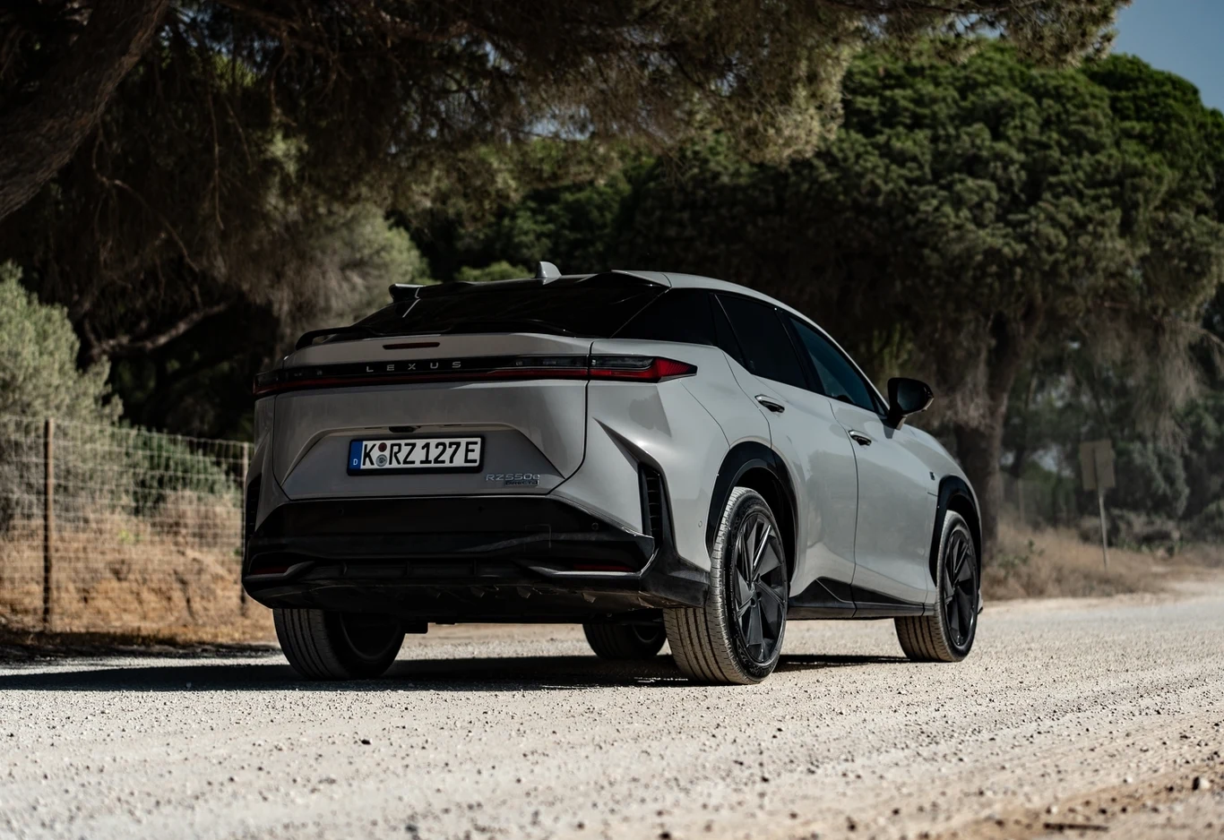 Nowoczesny, srebrny samochód elektryczny zaparkowany na słonecznej, szutrowej drodze, otoczony zielenią drzew i cieniem rozłożystych gałęzi.